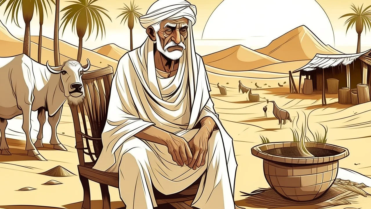 Old man, Arab, turban, white clothes, cattle, desert, council, sun, palm trees, mud houses, holding a stick, looking forward, a very slight smile.cartoon,Sitting on a chair,long beard,Mouth slightly open