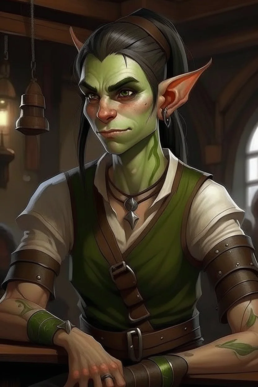 strong tomboy young half orc who works at a tavern with pointy ears and green skin realistic