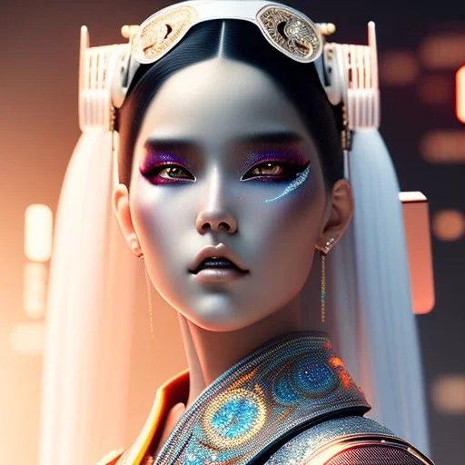 Rosalía, Cyborg anime samurai, cyberpunk, white skin, light black hair, geisha hairstyle, cobalt eyes, blood stains, waist up portrait, 8k resolution, retroanime, intricate details, neon details, soft lighting, vibrant colors, masterpiece, intricate eyeliner, dark eyeshadow, eyes, intricate tattoos, gradient background