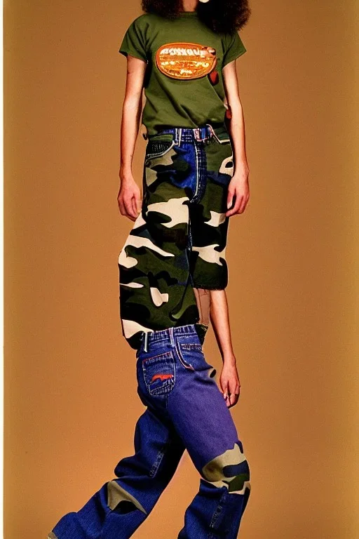 year 1996 denim fashion. Loose fit, "combat pants" with low waist, baggy, Combat pants and t-shirt. Colors: denim blue, blue, purple, khaki, light green, lilac, plum, orange, terracotta, red, pink, dark blue, beige. Women models. Patterns: Something between camouflage and lynx prints, stripes. Sturnus vulgaris pattern prints.Jennifer Lopez, Gwyneth Paltrow, . Big tennis shoes on. Cargo pants. street style hoodie