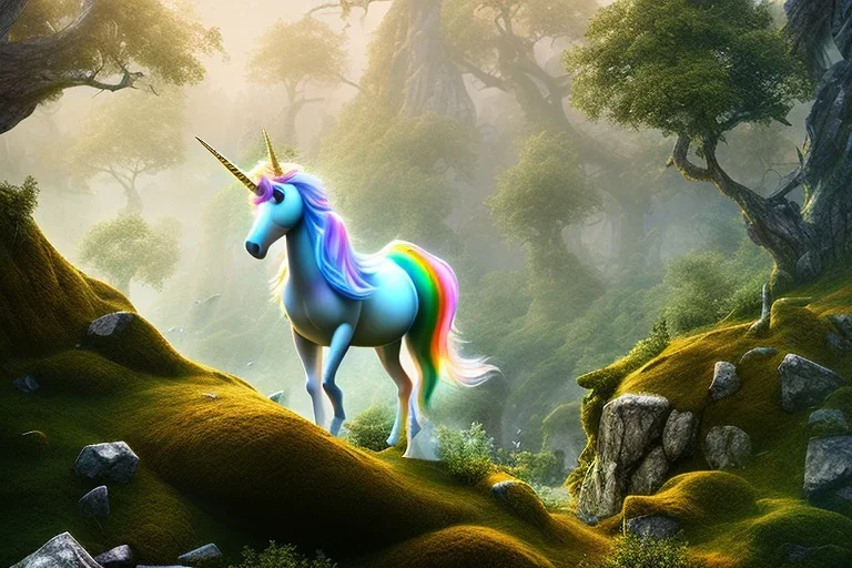 a unicorn stand on a rock, forest, 8k resolution, high-quality, fine-detail, intricate, fantasy art, detailed matte, volumetric lighting, illustration, 3D