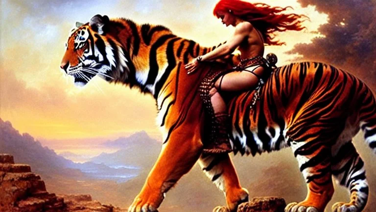 Drawing of beautiful face,'Red Sonja riding a Tiger',intense stare, ancient metal armor, balanciaga fashion clothe painting by gaston bussiere, greg rutkowski, yoji shinkawa, yoshitaka amano, tsutomu nihei, donato giancola, tim hildebrandt Oil on canvas, cinematic composition, extreme detail,fit full head inside picture,16k