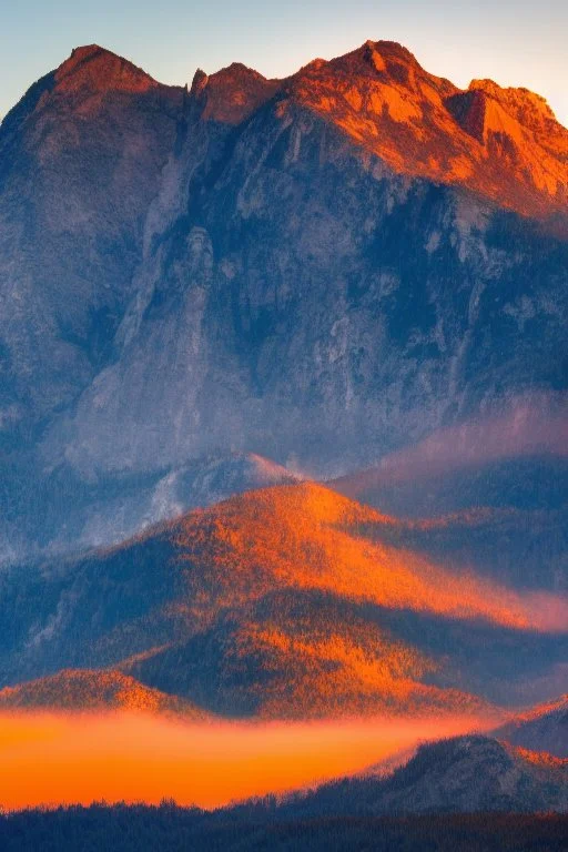 big rock mountains with and orange dawn sky with no clouds close montains