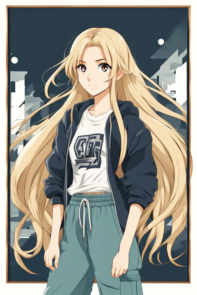 attractive anime woman with blonde long hair, t-shirt and sweatpants, full body in frame,