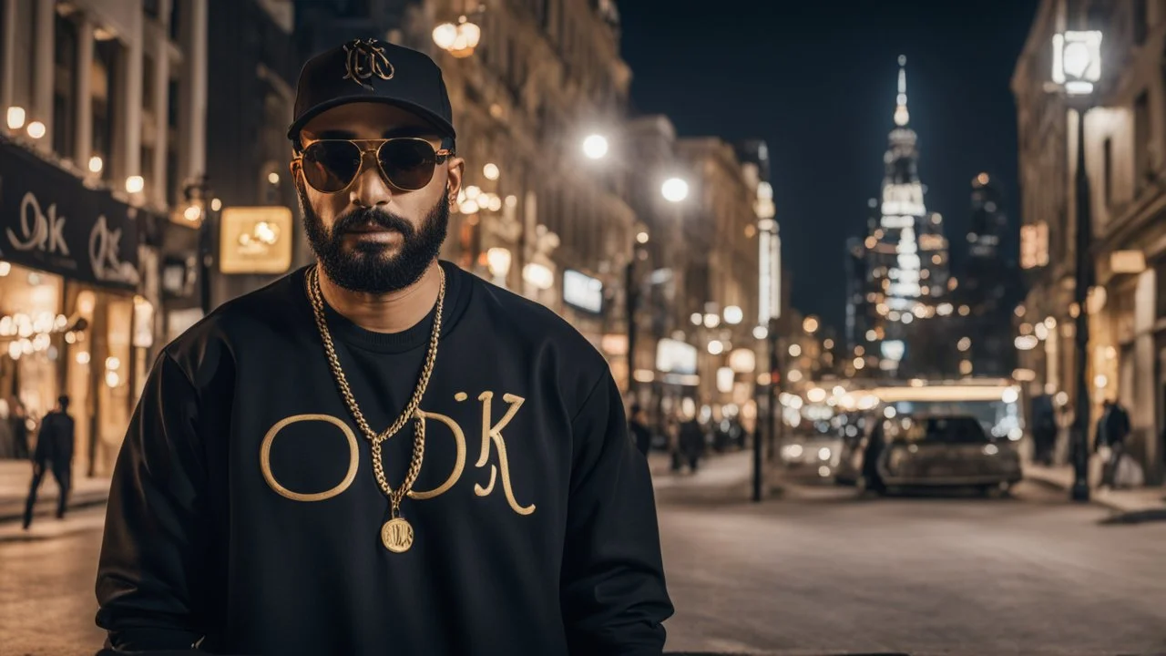 a single man, an Arab from the Middle East, he has a beard, who wears a gold chain, with a t-shirt marked ODK, wears a black baseball jacket with the mark ODK, which bears black sunglasses, with a black baseball cap with the initials branded ODK. at night, in the city center, at night.