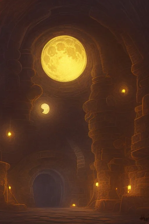 abstract, Moon like lamp in a dwarven mine underground, dungeon
