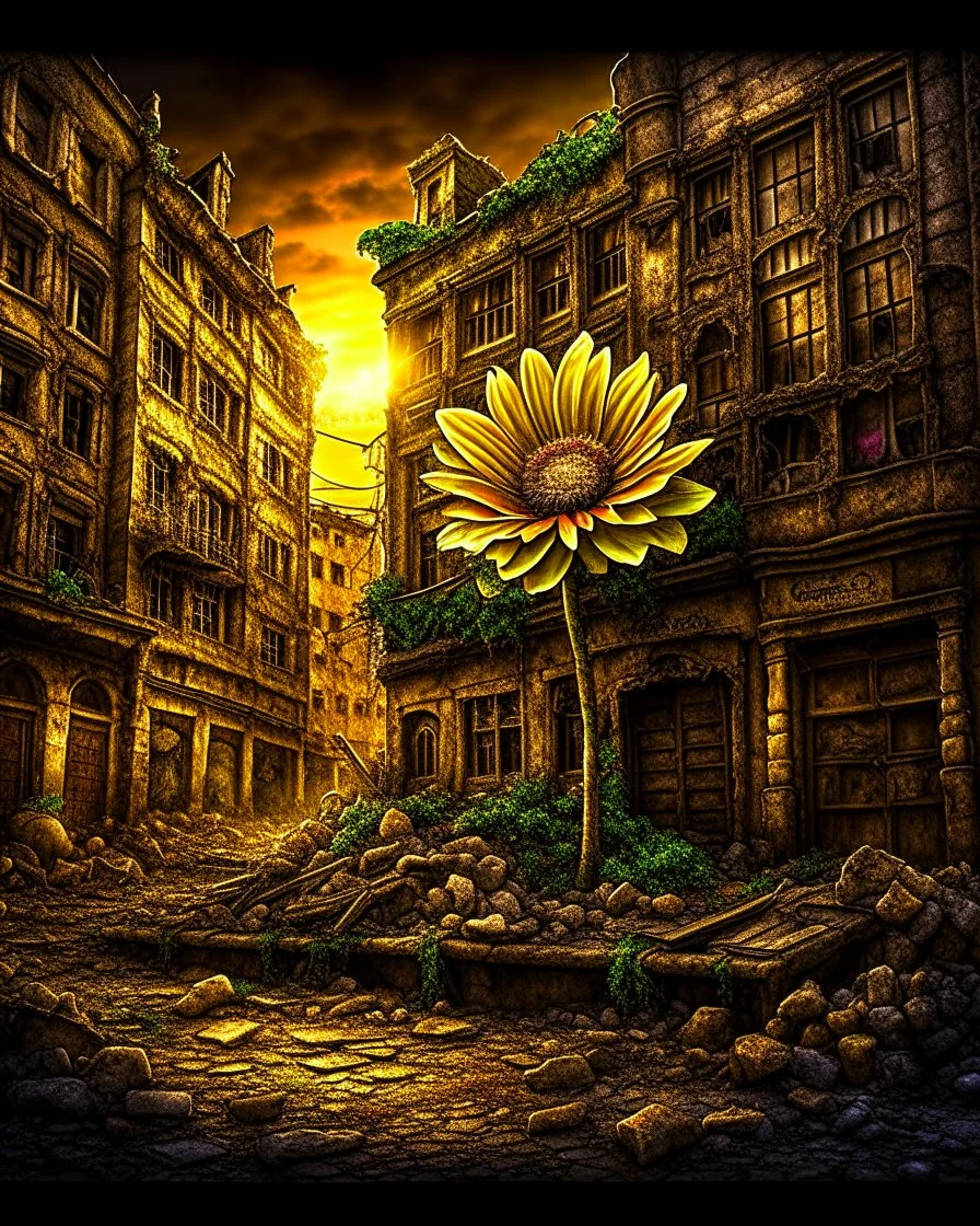 flower of peace blooming on damaged building in war torn city, capturing the essence of hope amidst chaos, this digital painting showcases an intricate and highly detailed portrayal, the warm lighting bathes the scene, casting a soft glow on the flower petals, while the rest of the city remains in shadows, the sharp focus ensures every intricate detail of the flower and the building's destruction is visible, this thought-provoking artwork, Trending on Artstation, combines elements of realism an