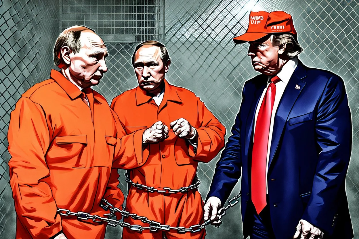 Foto Vladimir Putin und Donald Trump beide in orangenfarbenen Gefängnisoveralls und in Ketten