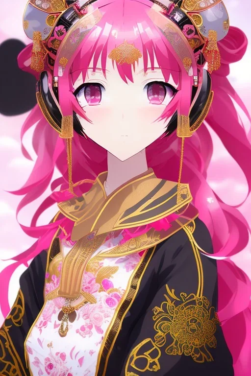 A Cute anime Kunoichi girl, kitsune mask, pink hair buns, pink bangs, traditional black designer kimono, full body art, intricate details, eyes perfectly aligned, full body portrait, red ribbons, slight smile, black constellation motif, windy, concept art, mini tornado stickers, black fishnet wear, highly detailed, digital painting, artstation, concept art, sharp focus, illustration, art by WLOP and greg rutkowski and alphonse mucha and artgerm and yanjun Chen and Junji ito