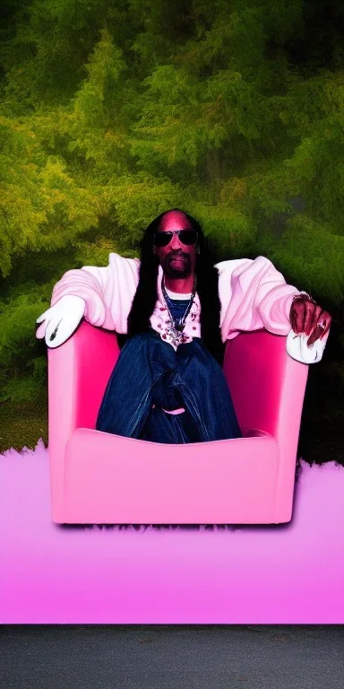 Snoop dogg, sitting. a chair. pink houses, pink sky, pink smoke, trees, outdoors. Groove street. 28mm