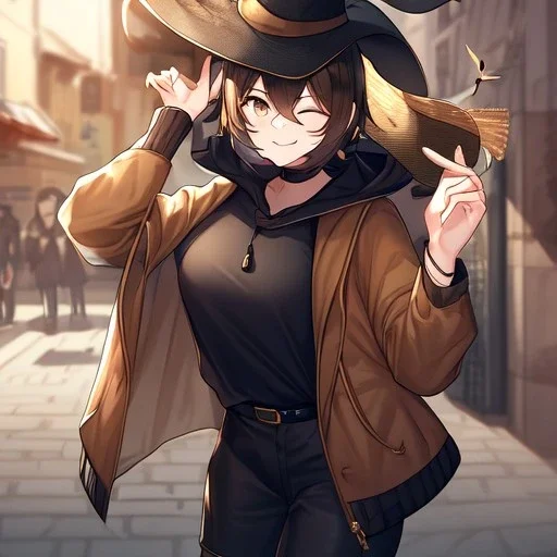 Clear focus, High resolution, short brown spiky hair, hair between eyes, eyes closed, wearing a brown detective hat, wearing a brown jacket and a black shirt, wearing black shorts, 1girl, pulling hat down, smiling, wearing a oversized hoodie