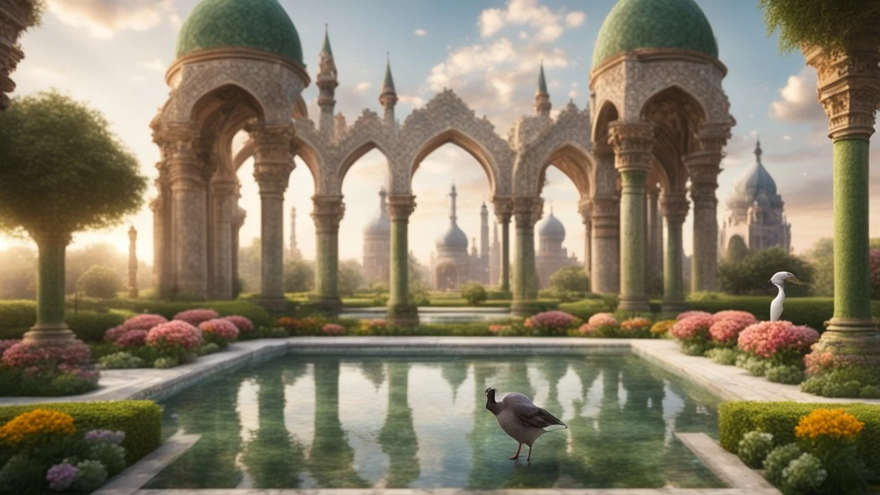 Hyper Realistic Huge Green-Bricked & beautifully-crafted-Brown-minarets & marble-flooring in a huge beautiful flower-garden with grass-arches & water-fountain & pigeons flying at early-cloudy-sunrise showing dramatic & cinematic ambiance