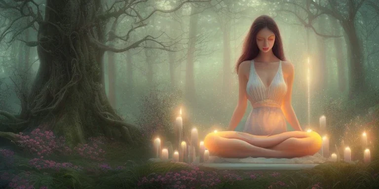 detailed beautiful lady meditating at night with candles in an enchanted forest, fotorealistic, high quality, landscape, 17, chalice well