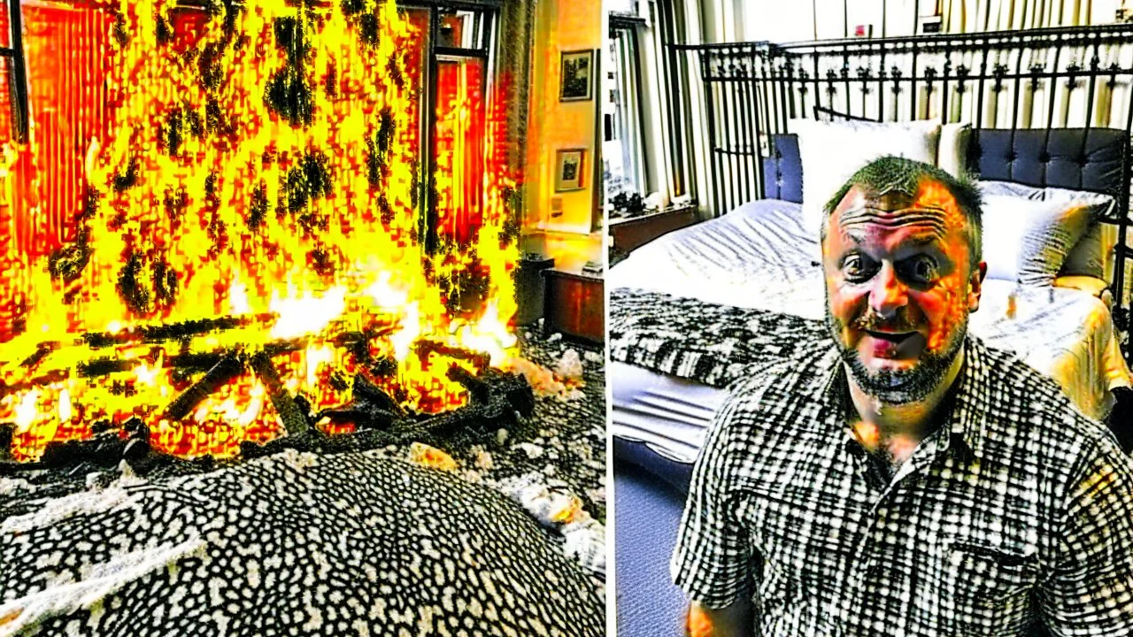 40 year old british man takes shit on the bed while Russian lunatic tears hotel room apart then starts small fires