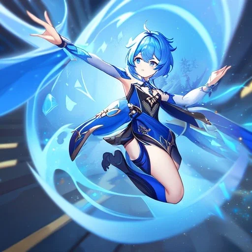 Clear focus,High resolution, Vibrant short blue hair, Vibrant blue eyes, Genshin impact inspired outfit, wearing a short skirt, kicking pose, full body, jumping