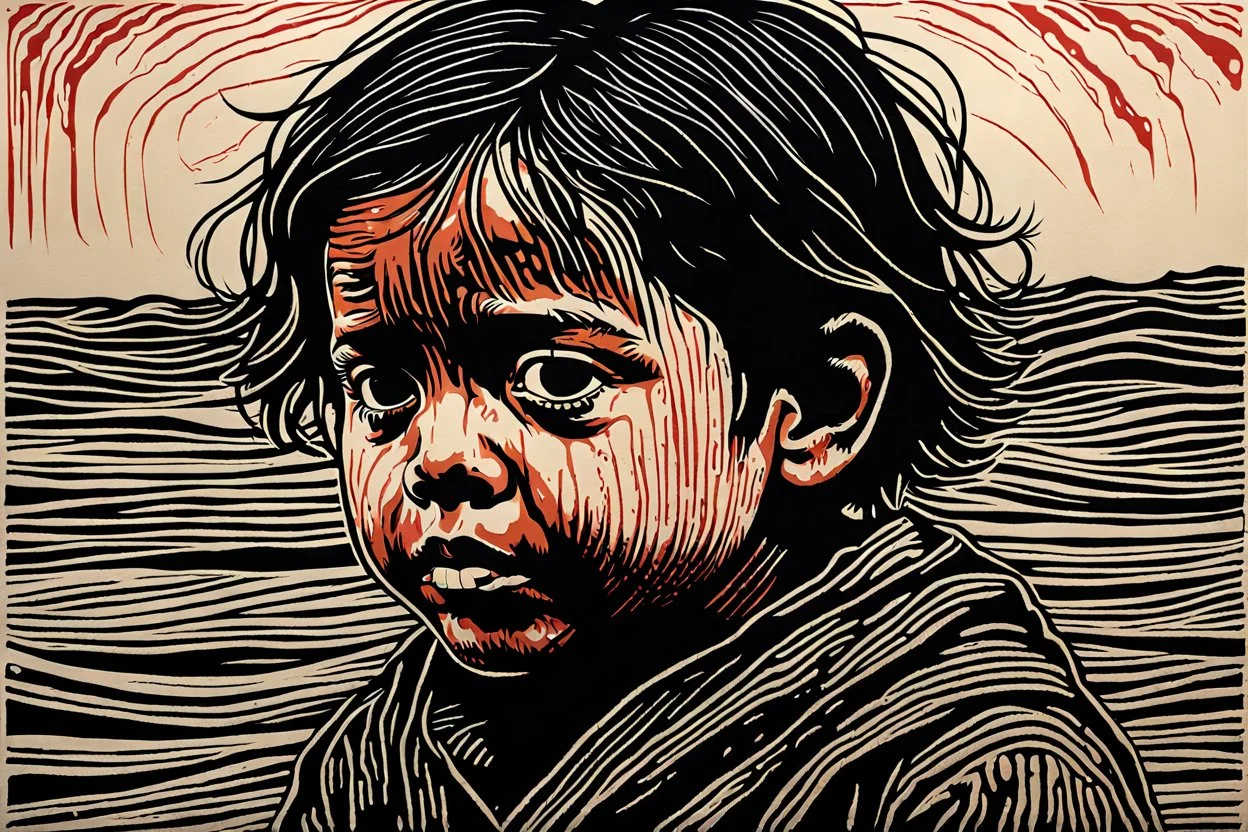 create an abstract, deeply powerful tragic and evocative, full body color woodcut of a raw and weathered young refugee child with highly detailed and deeply cut facial features, lost in a horrific post apocalyptic Gaza, in the style of KATHE KOLLWITZ , searing lines and forceful strokes