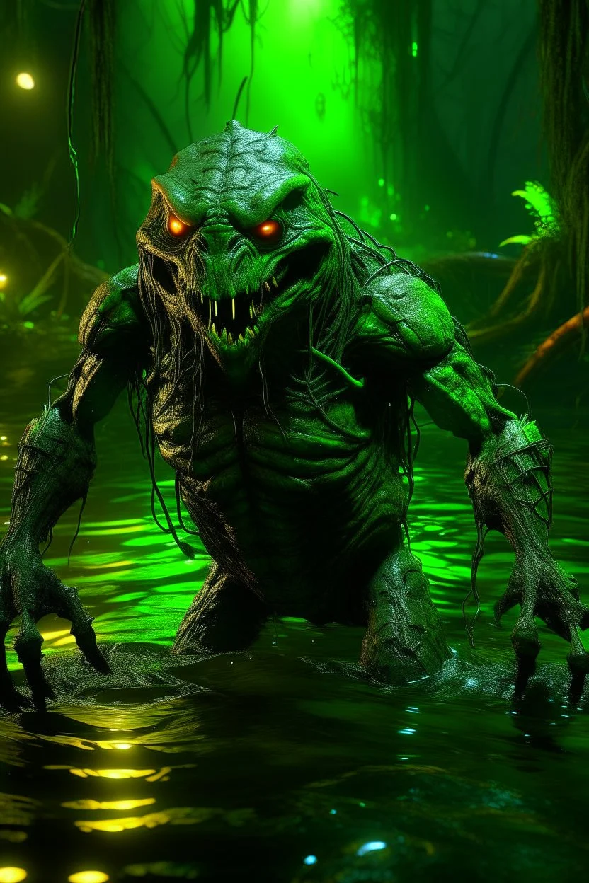 The swamp creature, swamp, colored lights, green symbols, green tattoo, 8k, high quality, hyperrealism