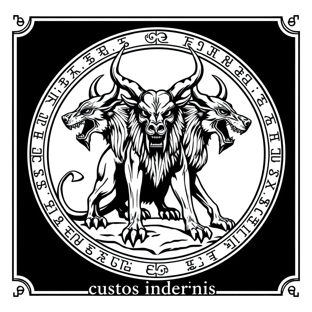 perro de 3 cabezas-cerbero estilizado antiguo con un marco elegante con runas y el nombre "cerberus custos infernis" en la base, todo en escala de grises, nada de color,