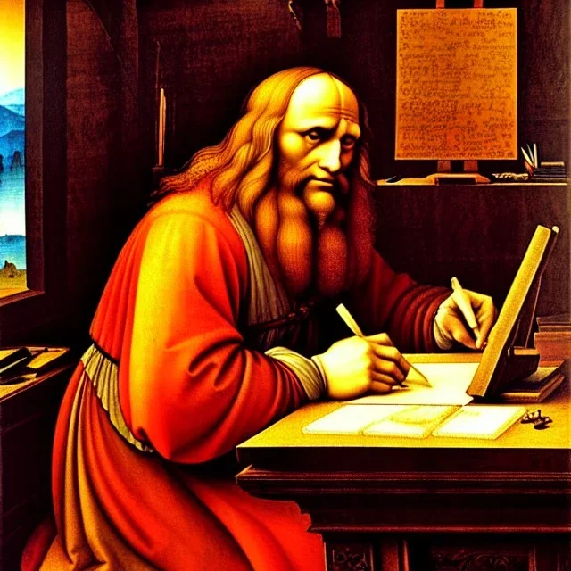 leonardo da vinci works on laptop at his desk. painting in photoshop. hyperdetailed, warm colors, movie poster, oil on canvas,