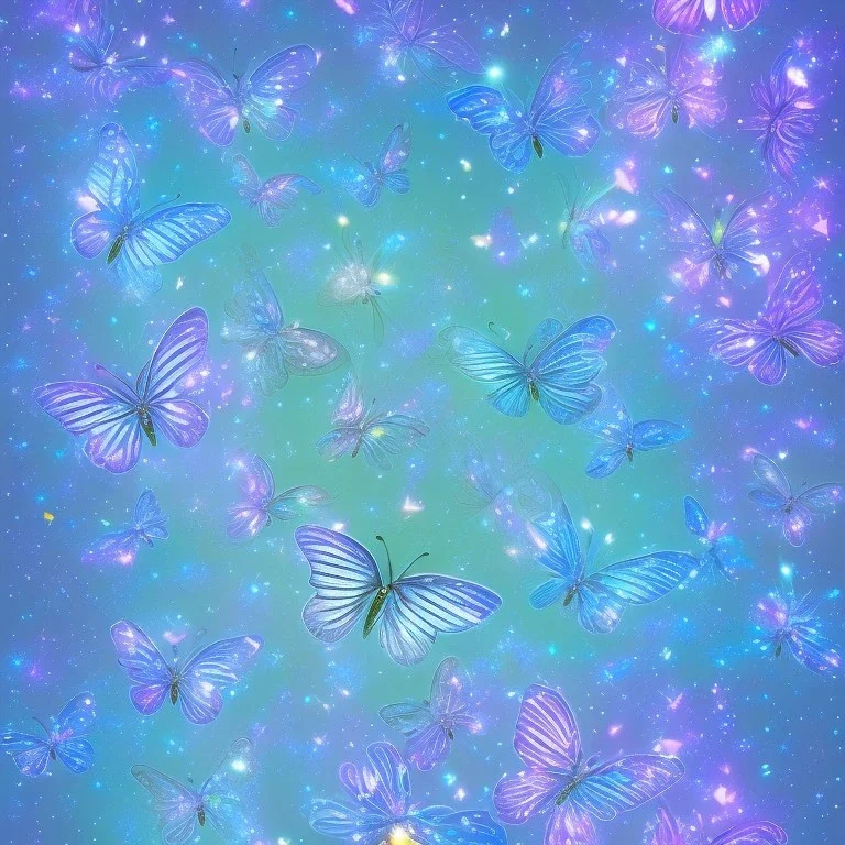 subtle transparent bright glitter blue butterfly, light, galactic, subtle flowers