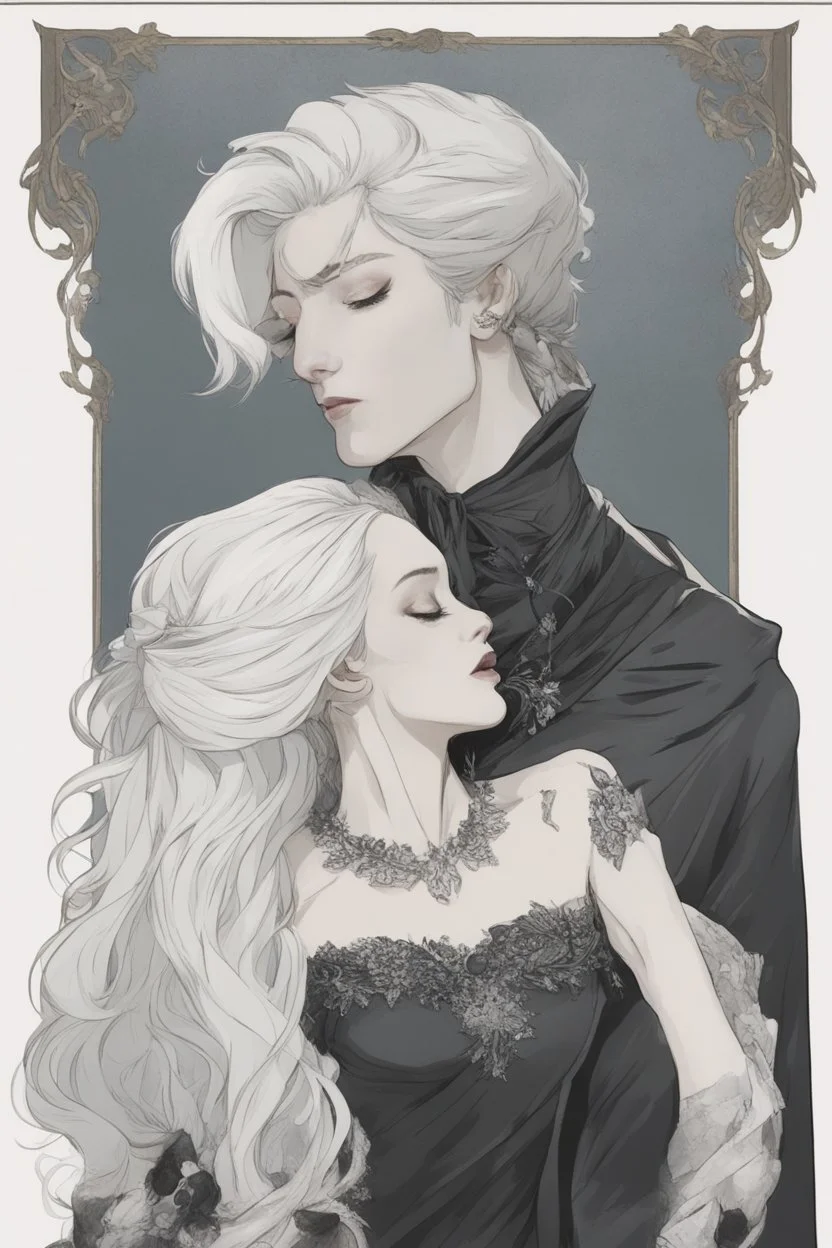 Strahd Von Zarovich being kissed on the neck by a beautiful woman with white hair, wearing an off the shoulder dress. Settling and background are a lavish toomb with an ebony coffin.