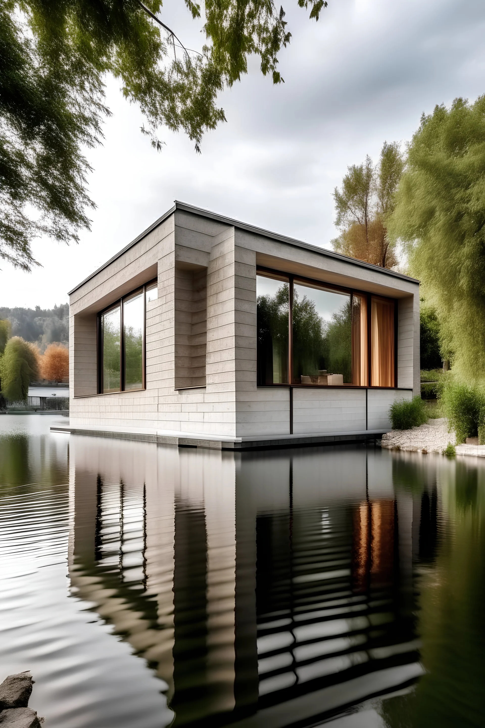 haus am see aus beton modern, holzfenster giebeldach ein stöckig