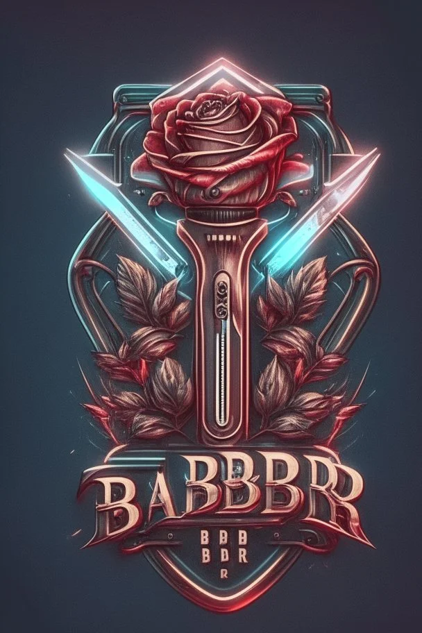 rose mit rasiermesser, haarschneidemaschine und diamant über schriftzug,firmenlogo für friseur barber, name soll SAMO THE BARBER sein, high quality, logo, cyberpunk style,led, symmetrisch, 4k, retro, gentleman