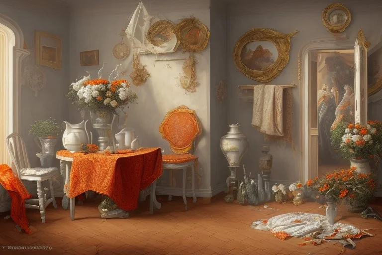 An oil painting depicts an indoor scene. On the left side of the picture is a white vase with white and red flowers in it. Below the vase seems to be a table or a counter. On the right side of the background is part of a building, showing orange and gray tones, with clothes hanging out to dry on the building. The whole picture is rich in color, with rough brushwork, giving a warm and vivid feeling.