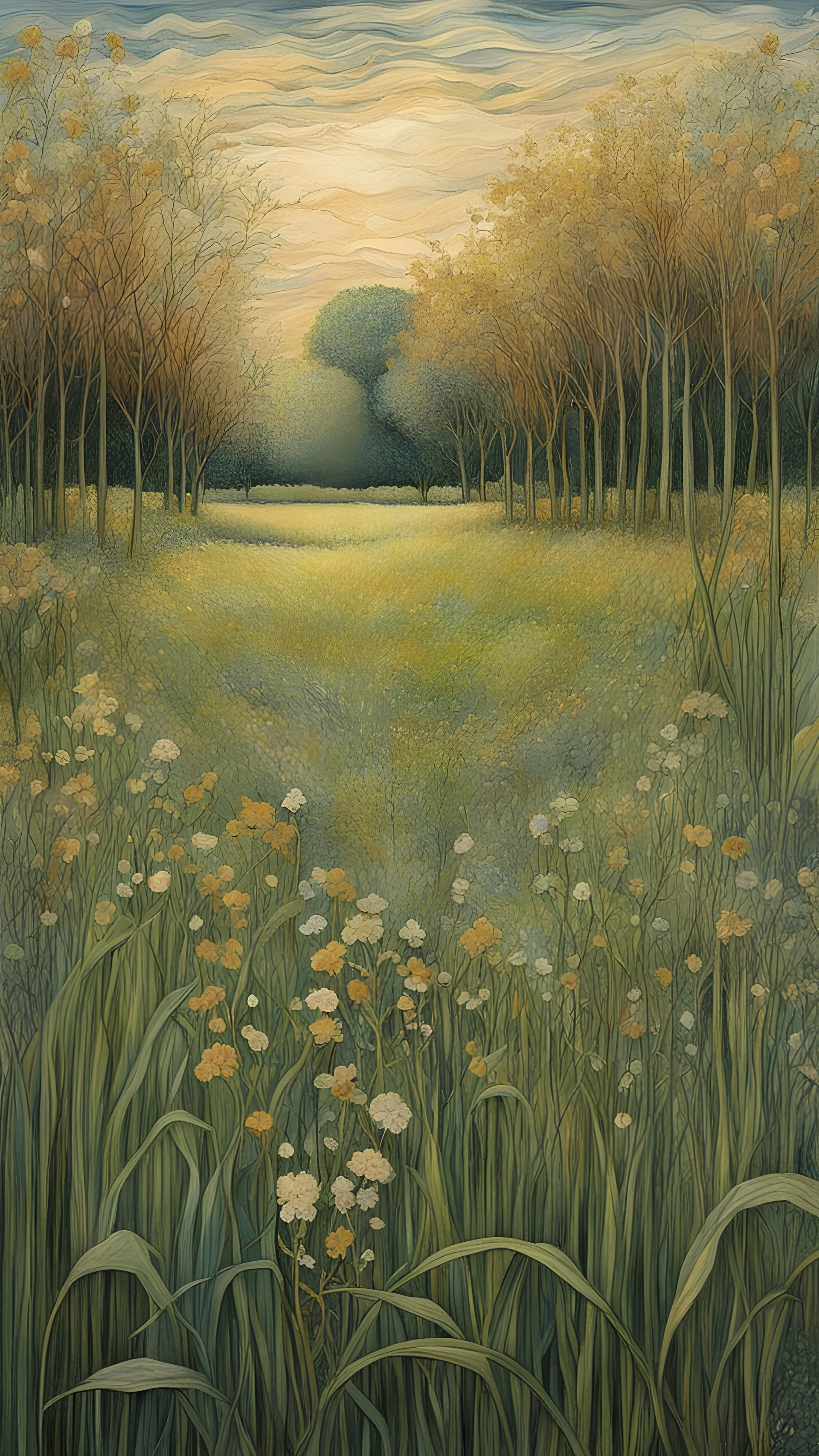 🌾🌬️🎨 "Field of Whispers" Last, a field where each blade of grass whispers secrets to the wind, creating a symphony of rustling and movement. Art inspired by [Élisabeth Sonrel | Samuel Bing | William Morris | Arthur Mackmurdo | Gustav Klimt | Henri de Toulouse-Lautrec] in the style of (whispering grass, wind-swept fields, rustling symphony, natural harmony, grass dance, Art Nouveau flora, dynamic meadows, organic rhythm, wind-blown nature, pastoral scenes, serene fields, grass movement, artist