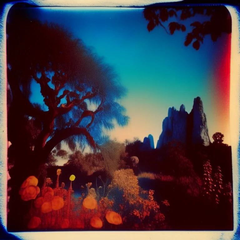 Polaroid photo of a peaceful marvelous landscape, trees, red and blue flowers, giant sun, very spooky figure, intricate, rock formations, atmosphere of a Max Ernst painting, Henri Rousseau, poetic, Georg Trakl, interesting, a bit appalling, smooth