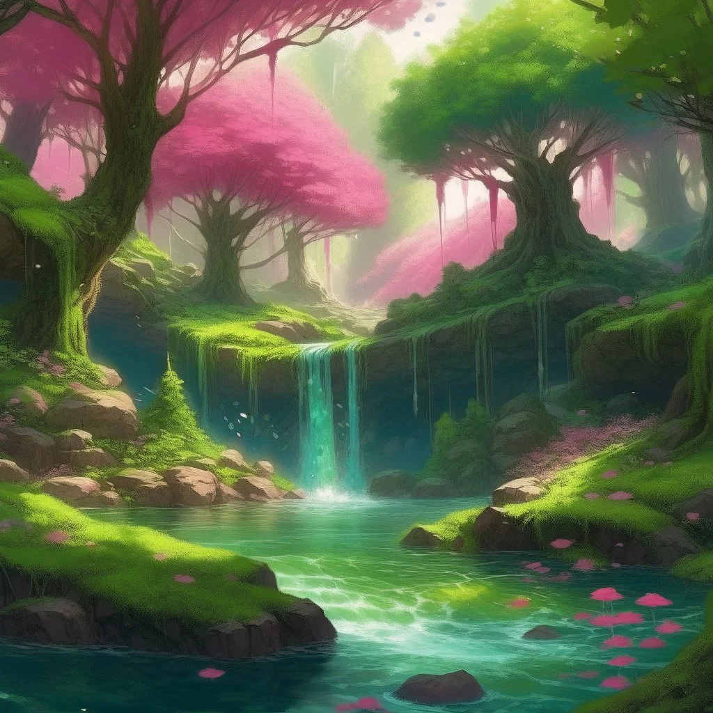 Generate a dreamy forest scene with ancient, moss-covered trees and soft, dappled sunlight filtering through the leaves. Include a hidden waterfall cascading into a crystal-clear pool."pool."nightlife."clouds."overhead."and pink."