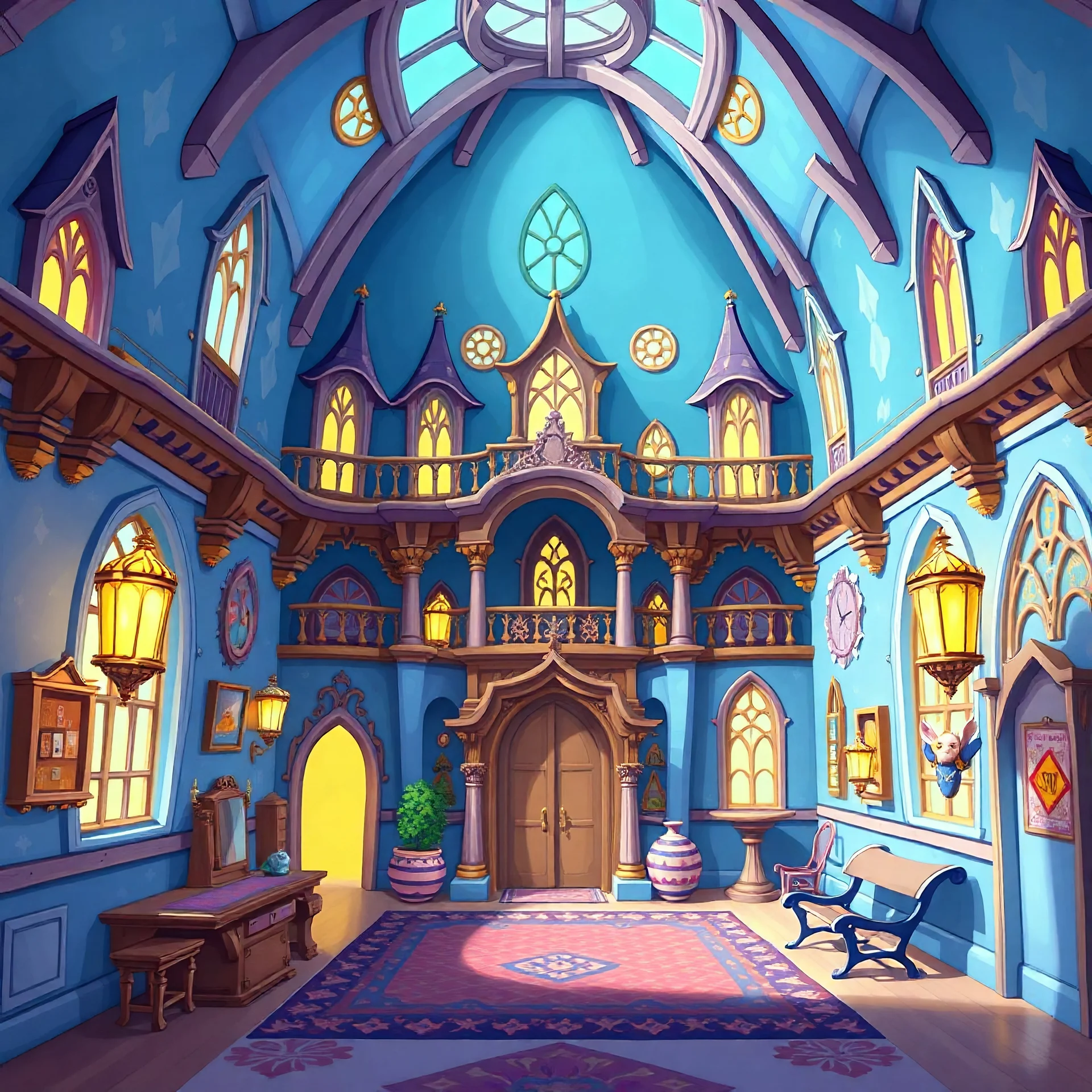 Cartoon whimsical fantasy magical blue building interior of grand orphanage