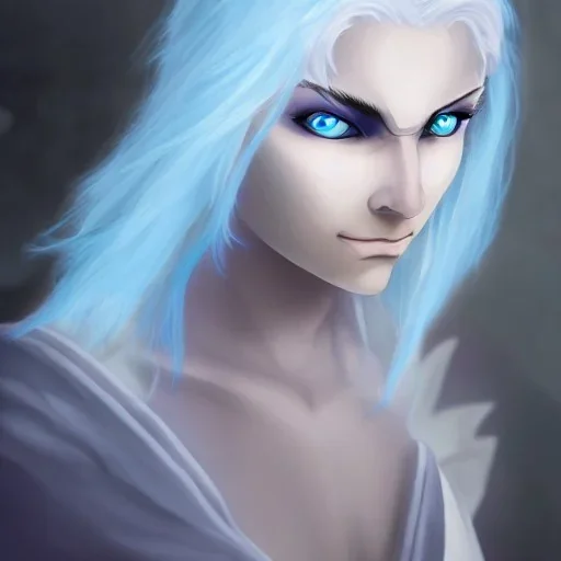 Female Air Genasi Monk dungeons and dragons character with pale blue skin, white hair, and grey eyes