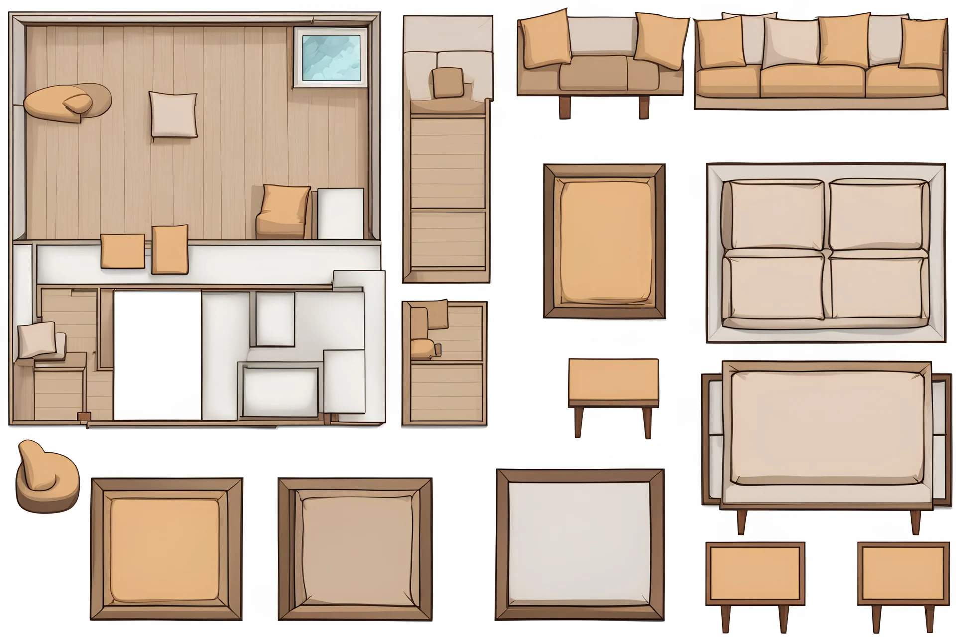 Sprite sheet, furniture, architectural plan, couch, table, chair, top view,
