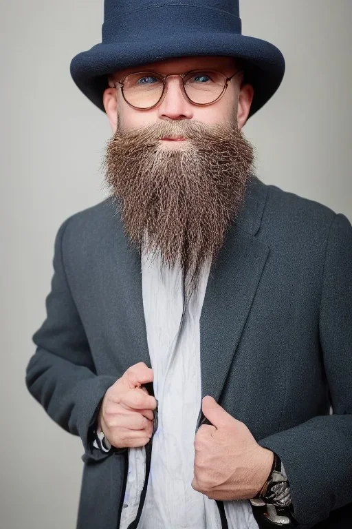 White skin bald man with brown beard and blue eyes in elegant coat and hat