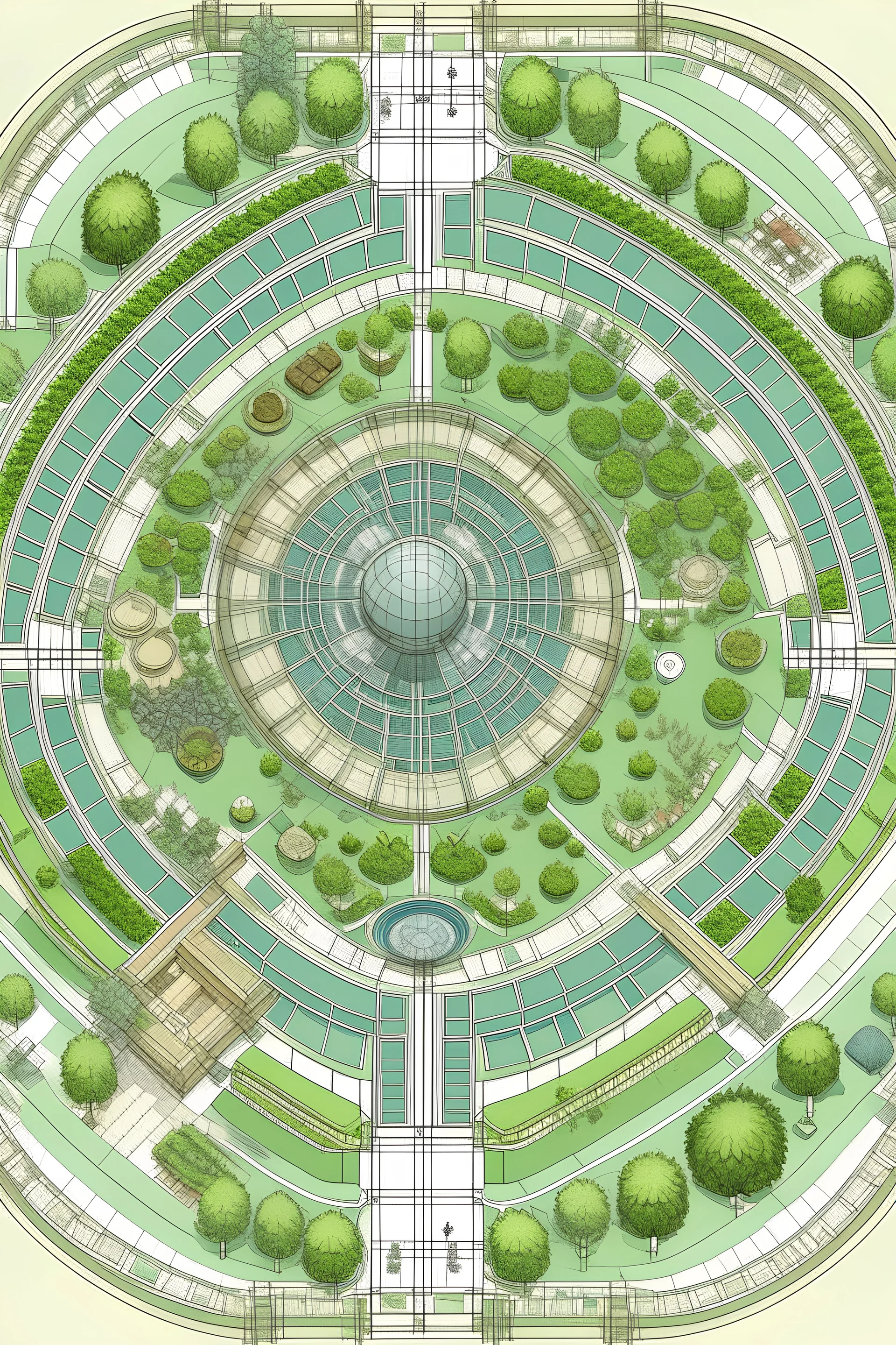 Large botanical garden floorplan. There are four separate botanical garden domes connected by four glass walkways in the shape of a square with four garden domes at each of the four corners. The middle is filled with a pond and no walkway