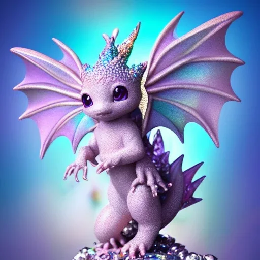 cute, adorable baby dragon made of crystals and gems with glittery scales and iridescent wings sitting on a cloud of cotton candy, muted rainbow colors, intricate, fine detail, 8k, sharp, crisp, high-quality, 3d octane render, brian froud, howard lyon, selina french, anna dittmann, lisa parker, greg rutowski, alphonse mucha