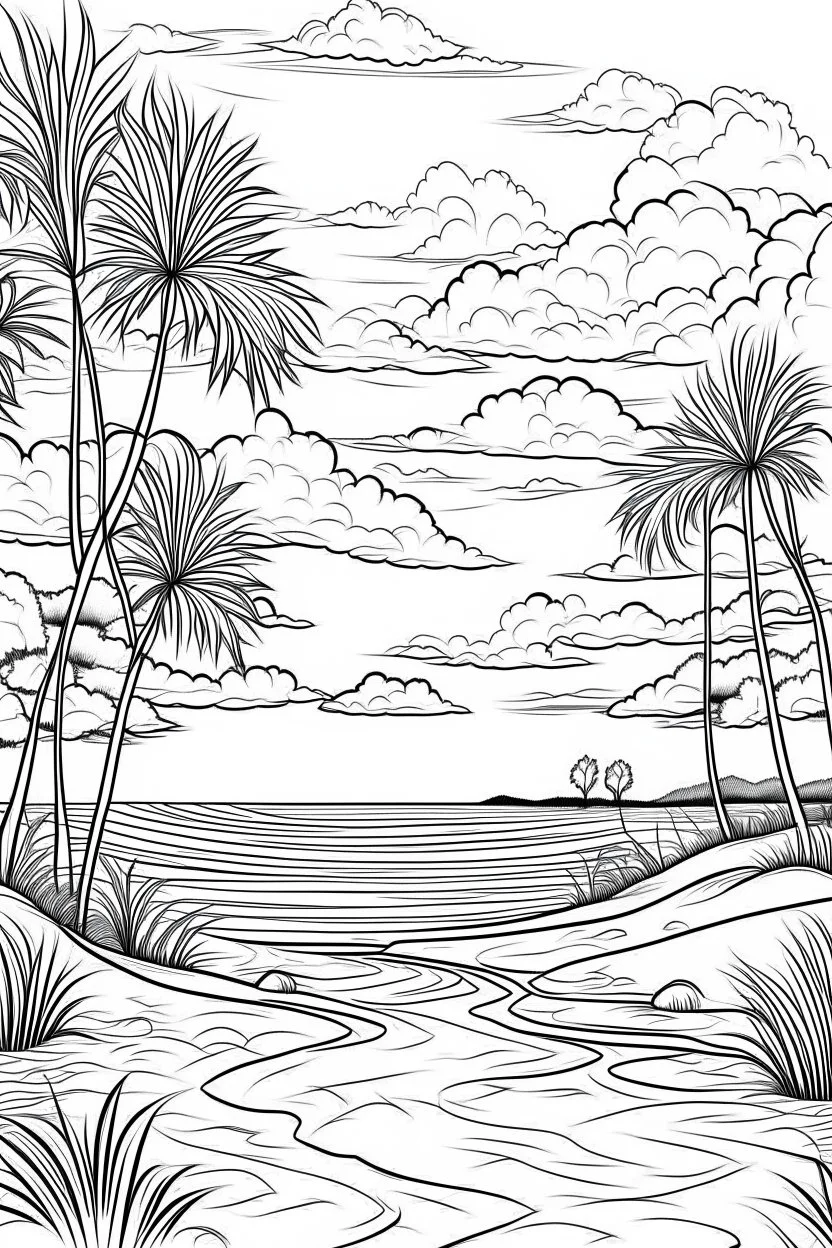 create"high resolution, 2D line art design, white background, simple "sandy beach with trees" for coloring page, smooth vector illustration, monochrome,