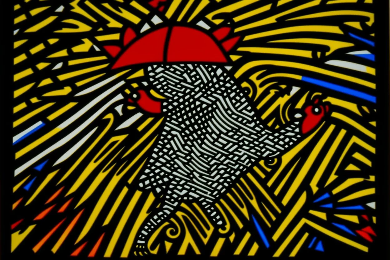 A white rainstorm sky with flying fish designed in Navajo woven art painted by Keith Haring