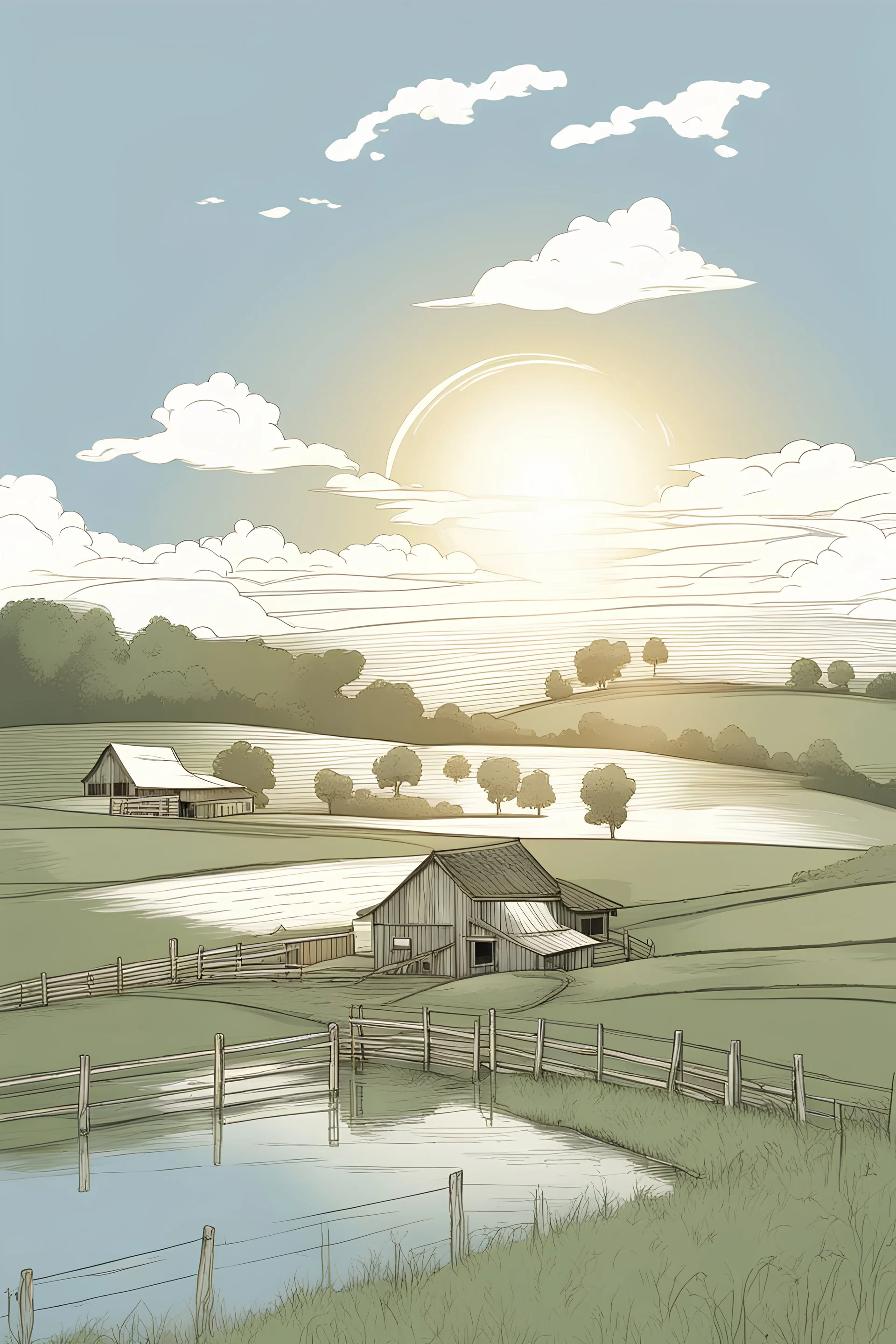 portrait of a farm with water and sun in the sky only use clear line art white background no shadows only use outline full image sketch style clear and well