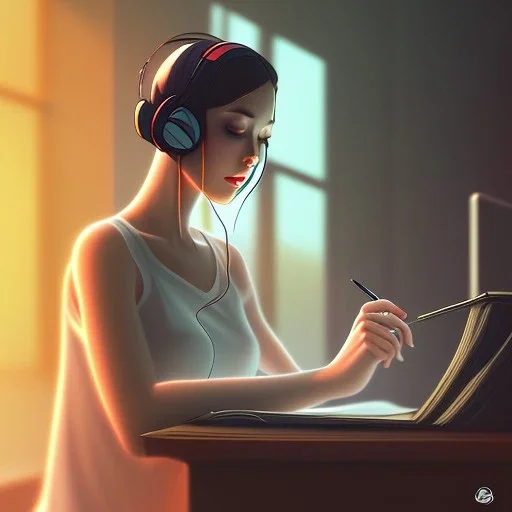 a side view of a beautiful girl sitting on her desktop writing something, headphones on, hand on her chin, nightlamp, digital art, anime, studio ghibli style, window and city background, portrait