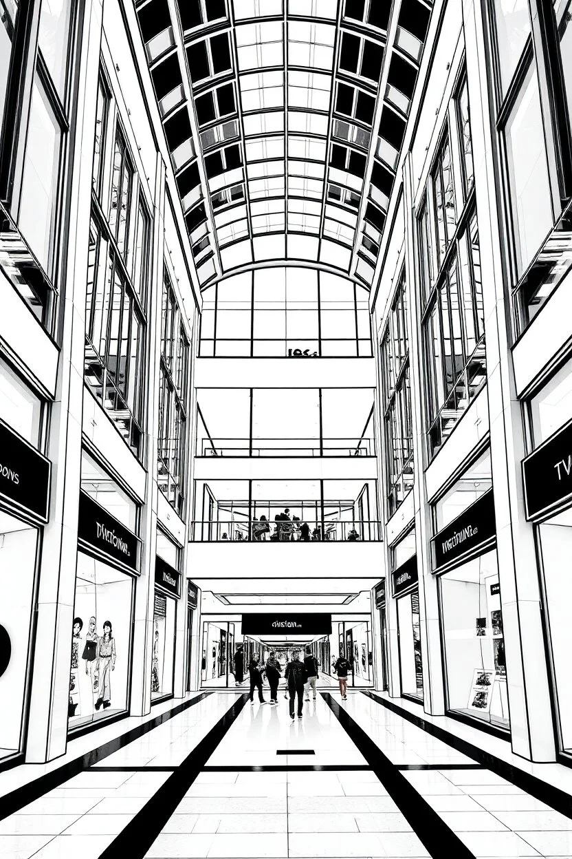 frontal view, black and white outline of long, bauhaus style, shopping mall, three story