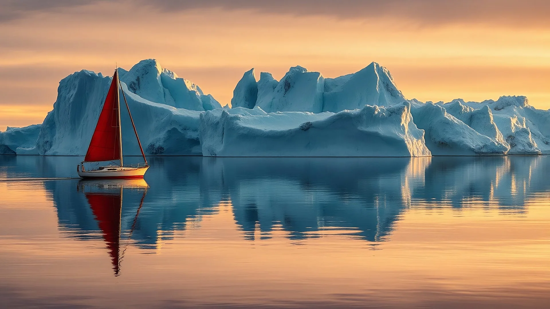 A serene, expansive, arctic seascape bathed in a muted, soft golden light of a gorgeous sunrise. A classic sailboat with a single red sail, crisp and boldly coloured, is off to the left half of the composition, floating on the glassy waters. Its reflection, including the distinct red sail, is mirrored perfectly beneath it in the calm sea. The boat is relatively small, emphasizing the grandeur of its surroundings. Towering icebergs, with intricate textures and nuanced shades of blue