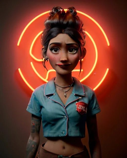 Waist up portrait, hybrid character, waitress British woman with classic muppet mask that covers her entire head and face, Sesame Street style, punk style, short shirt, tray, beer, old school tattoo, hot, smooth, unreal engine 5, god lights, ray tracing, neon, RTX, lumen lighting, ultra detail, volumetric lighting, 3d.