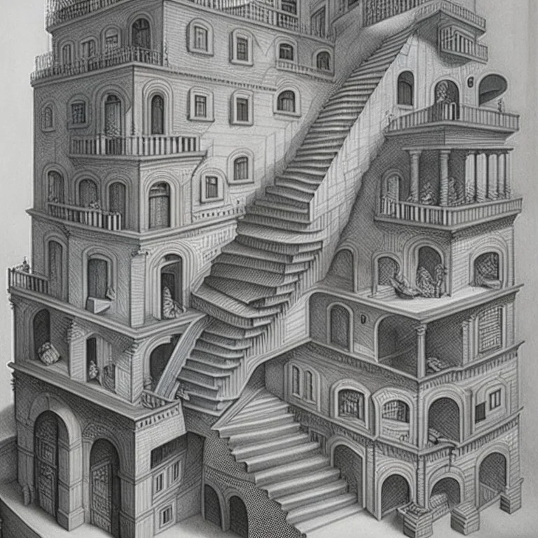 A building with stairs upside down and in several spacial dimensions and directions by artist "Escher" and "Piranesi"