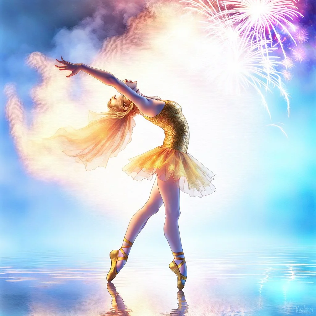 Double Exposure Blonde ballerina in gold embroidered dance clothes tiptoes on an ice surface, surrounded by smoke and fire rising from the ice surface and falling from the sky, with colorful fireworks in the background, breathtaking fantasy art, breathtaking digital art, stunning digital art. , dramatic fantasy art, surreal digital artwork , inspired by Liz Dharma, by Liz Dharma, magical realism and dark fantasy, trendy digital fantasy art, dark fantasy digital art, accurate and undistorted huma