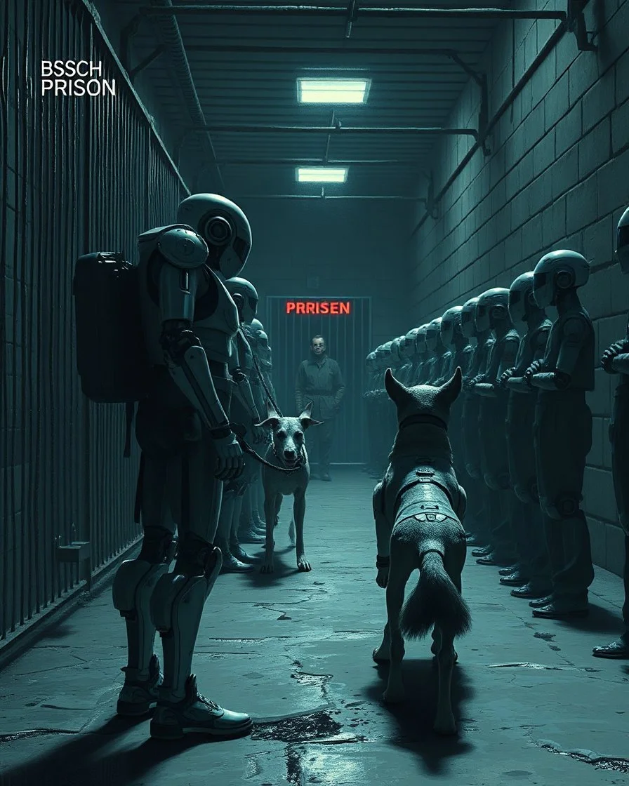 Bosch painting style, nightmare , Ai robot as prison guards with Ai robot dogs watching a human prisoners lined up in line one after another inside a prison yard great quality picture with cinematic scenes ,
