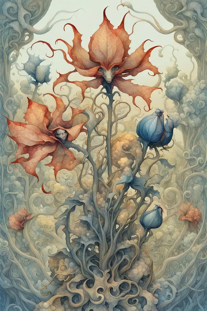 Fantastic big exotic flowers, watercolor ink, intricate, magical, in the style of James Jean, Brian Froud, Yana Movchan, Zdzisław Beksinski, Hieronymus Bosch, hyperdetailed, sharp focus, intricate, concept art, digital painting, ambient lighting, 16 k, trending on artstation, hyper quality, highly detailed, fantasy, beautiful, colourful.