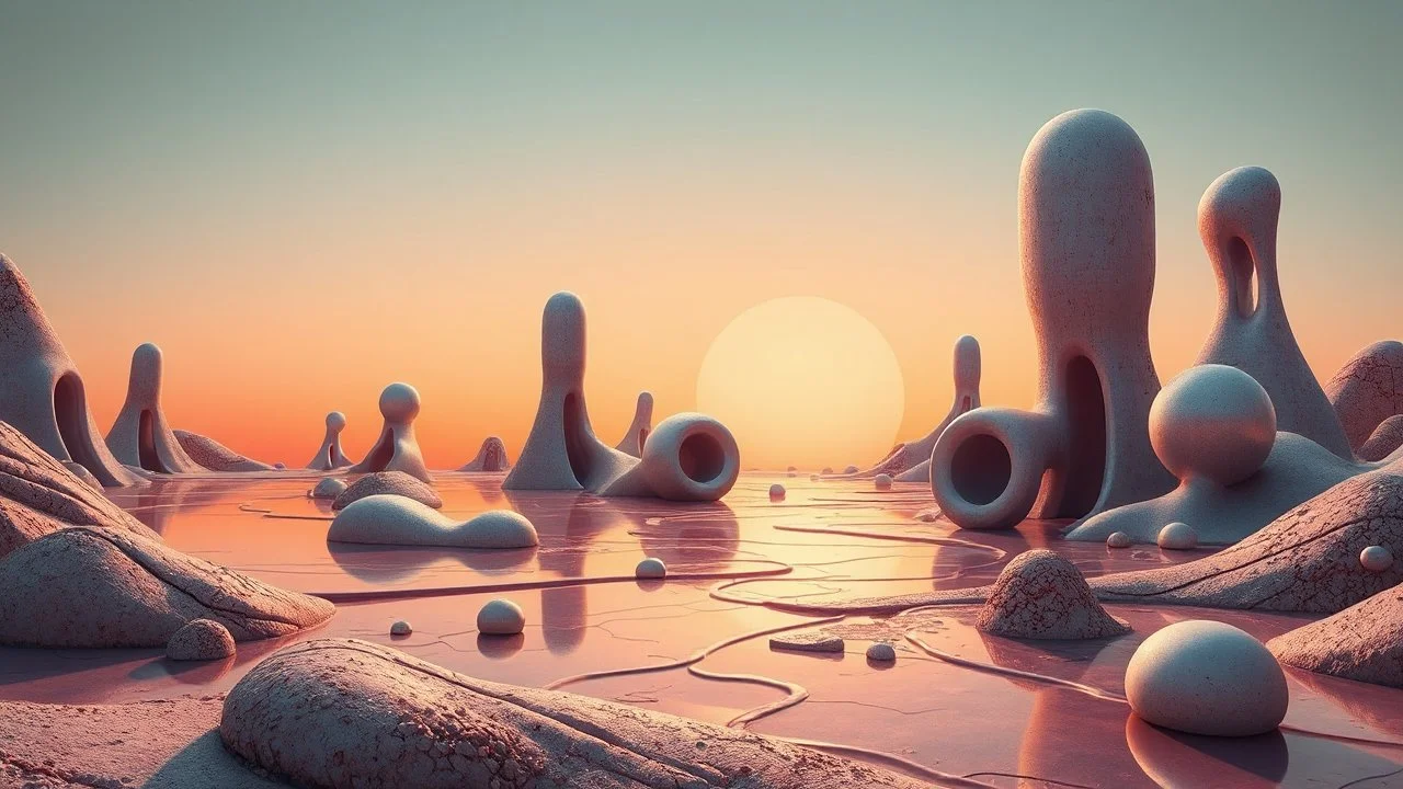 The image depicts a surreal landscape featuring abstract, organic shapes and forms that resemble humanoid figures and objects. The colors are a mix of pastel and metallic hues, with a backdrop of a calm, reflective surface and an orange-tinted sky, giving a dreamlike quality to the scene. The composition includes various textures and curvilinear designs, creating an otherworldly atmosphere.