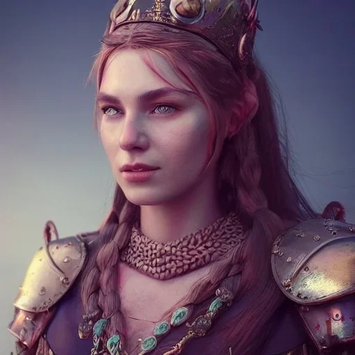 highly detailed beautiful girl viking queen portrait, red glass armor, blue delicate braided hair, green facial paint, cinematic lighting, 4k, 8k, octane render, digital concept art, trending on artstation, pinterest, extremely detailed, ambient lighting.